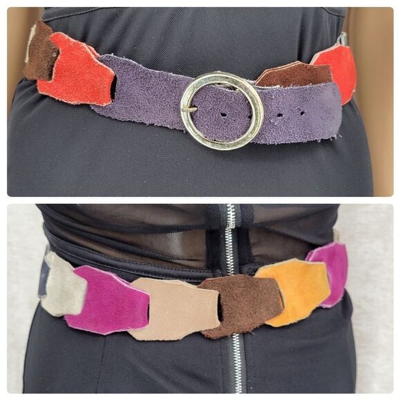 Vintage Multi Color Suede Link Belt with Silver Toned Buckle Brown Red Purple - Picture 1 of 10